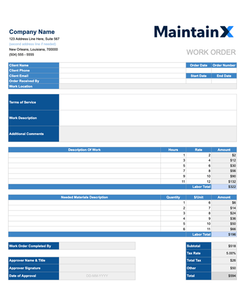 Free Downloadable Work Order Templates