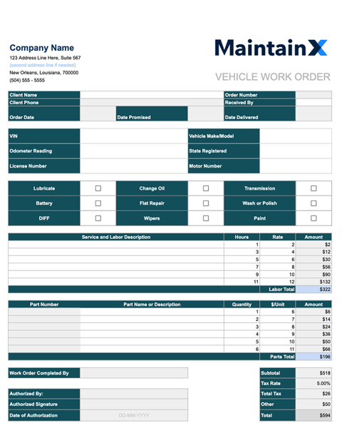 Free Downloadable Work Order Templates